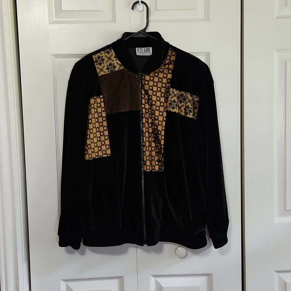 Vintage City Girl By Nancy Bolen Women's Black Velvet Zip Up Jacket/ Shirt XL